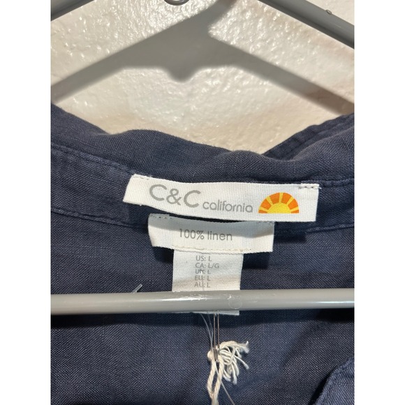 C&C California Womens 100% Linen Short Sleeve Button Down Shirt Navy Blue Large - Picture 4 of 4